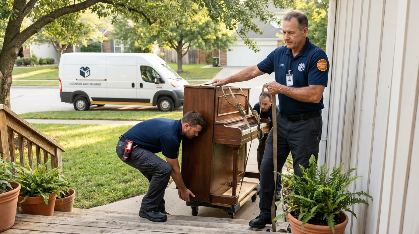Licensed piano movers securing grand piano in Milltown, NJ