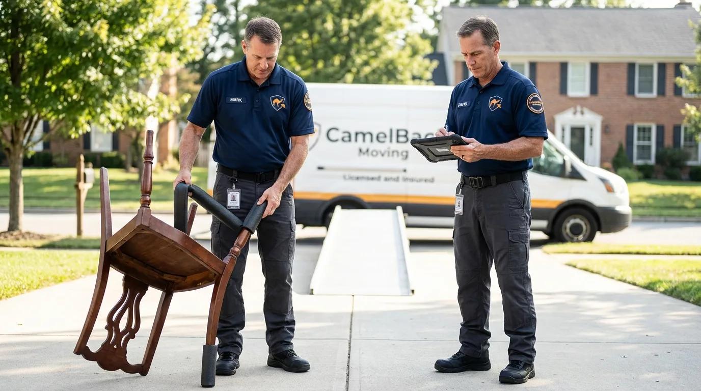 Movers inspecting furniture for damage prevention before loading in Milltown, NJ