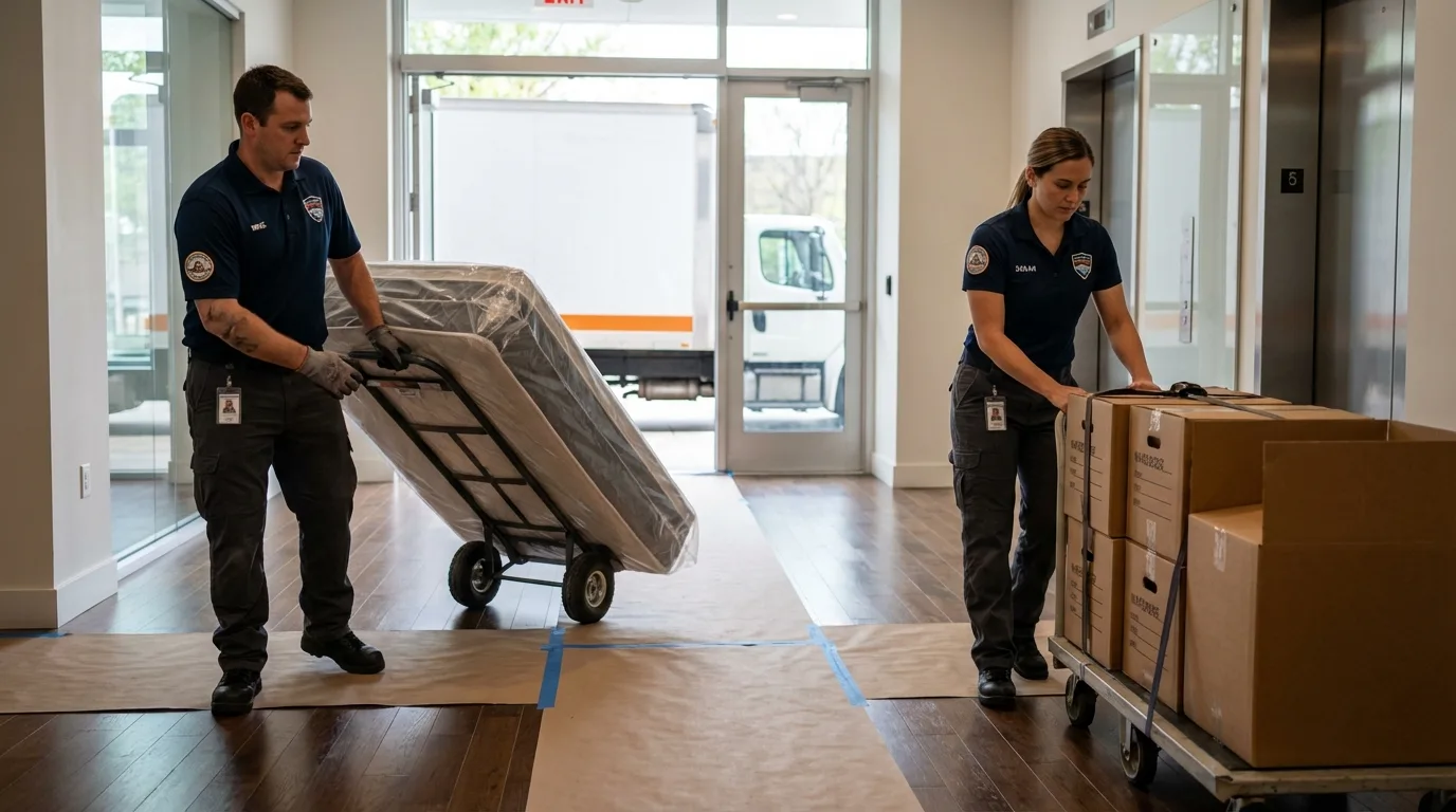Professional apartment movers loading elevator in Milltown, NJ